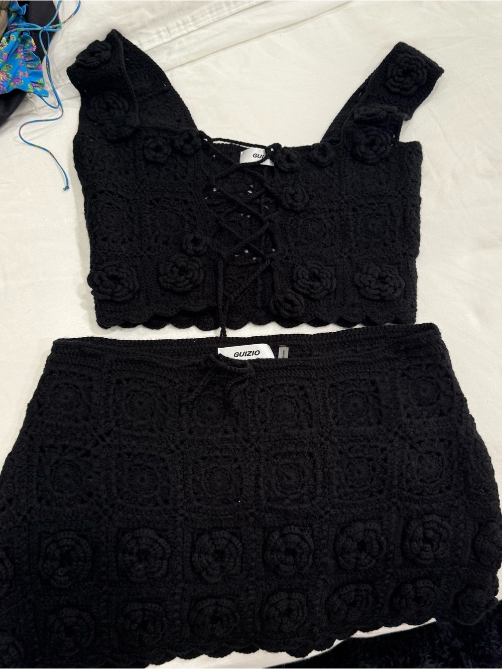 Danielle Guizio Black Crochet Floral Crop Top & Mini Skirt Set